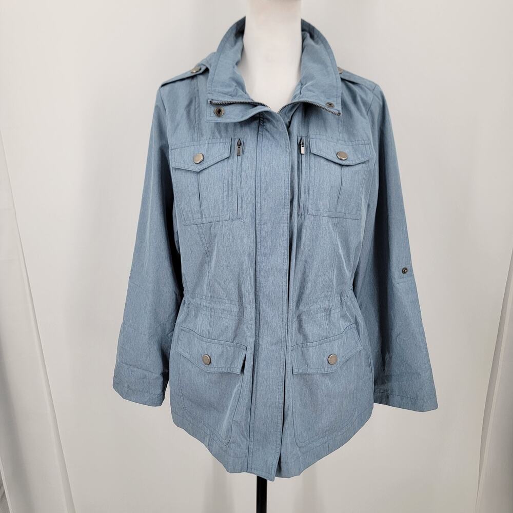 Style & Co Jacket Womens Petite Medium PM Blue Utility Cinch Waist Hidden Hood